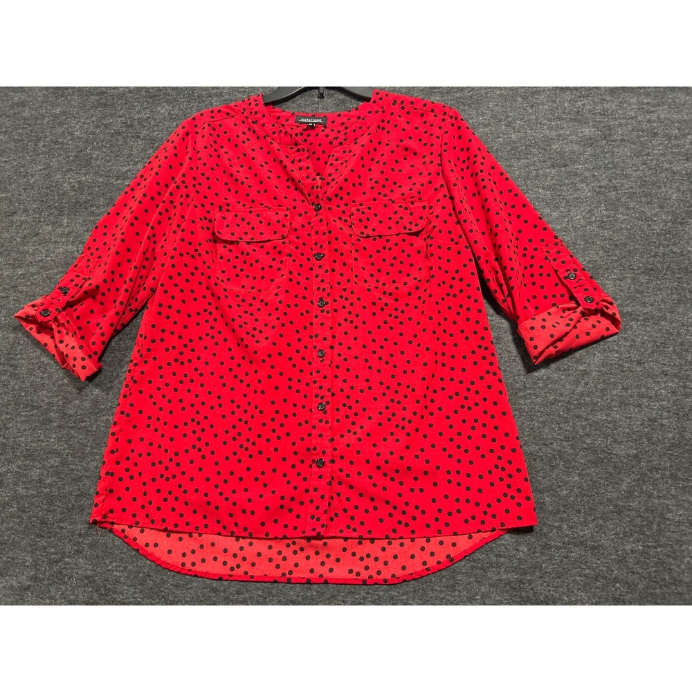 Notations Polka Dot Blouse Womens Medium Red 3/4 Roll-Tab Sleeve Top